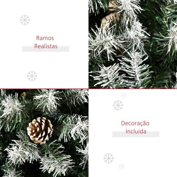 Árvore de Natal Artificial 180cm com 800 Ramos e 61 Pinhas Folhas de PVC com Efeito Neve Base Dobrável Verde