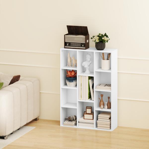 Estante de 3 Níveis Estante para Livros com 11 Compartimentos Desenho Vertical ou Horizontal 74,3x24x106 cm Branco