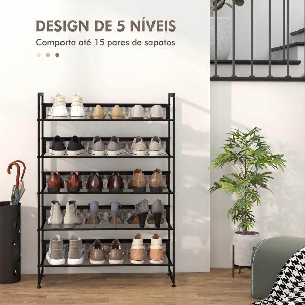 Sapateira Estreita de 5 Níveis em Aço para 15 Pares, Preta