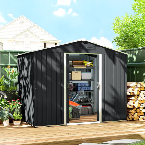 Abrigo de Jardim de 3,6 m² 236x174x190 cm para Armazenamento de Ferramentas com Portas de Correr e 4 Janelas de Ventilação Cinza