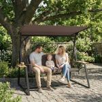 Baloiço de Jardim de 3 Lugares com Teto Ajustável UPF50+ 2 Bandejas Almofadas e Estrutura em Metal 222x131x175 cm Marrom