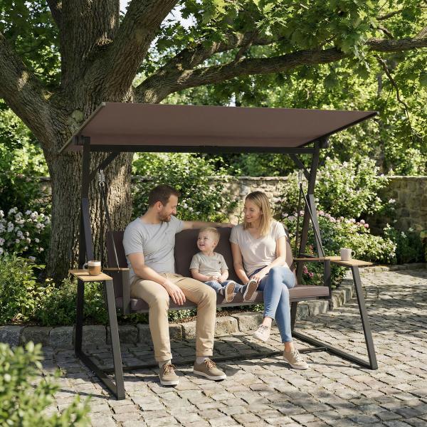 Baloiço de Jardim de 3 Lugares com Teto Ajustável UPF50+ 2 Bandejas Almofadas e Estrutura em Metal 222x131x175 cm Marrom
