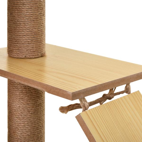 Arranhador para Gatos com Poste de Arranhar de Juta 2 Camas Rede Caverna Bola Suspensa Rede e Rampa 60x40x130 cm Madeira