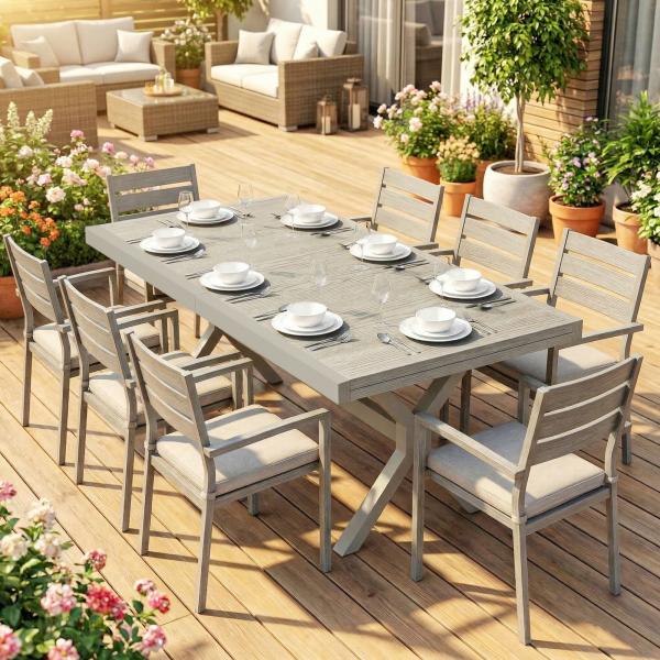 Mesa de Jardim Extensível com Superfície em Alumínio 154/214x85 cm com Efeito Madeira para 8 - 10 Pessoas Cinza Claro
