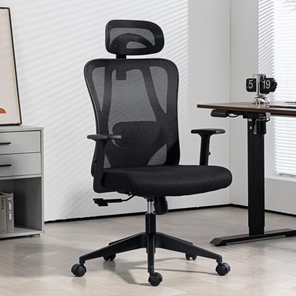 Cadeira de Escritório com Apoio para os Braços 2D Cadeira de Escritório com Altura Ajustável Apoio para a Cabeça Suporte Lombar Alto 67x64x117 - 127cm Preto