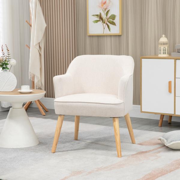 Poltrona Estilo Nórdico Estofada em Linho com Pés de Madeira para Dormitório Escritório Estúdio 64,5x65x79,5 cm Creme