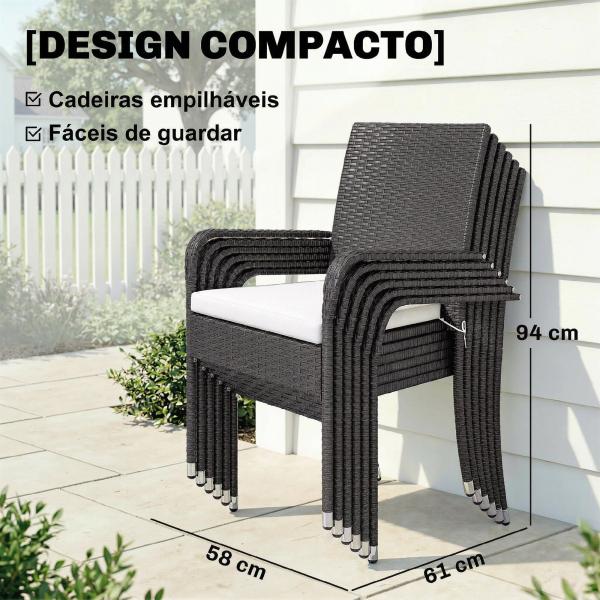 Conjunto de Mesa e Cadeiras de Jardim em Vime 7 Peças com Mesa Extensível em Madeira e 6 Cadeiras Empilháveis Creme
