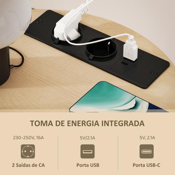 Mesa Auxiliar Redonda de 3 Níveis com Estação de Carregamento Mesa Auxiliar Industrial com 2 Prateleiras Abertas Ø50x55,1 cm Madeira e Preto