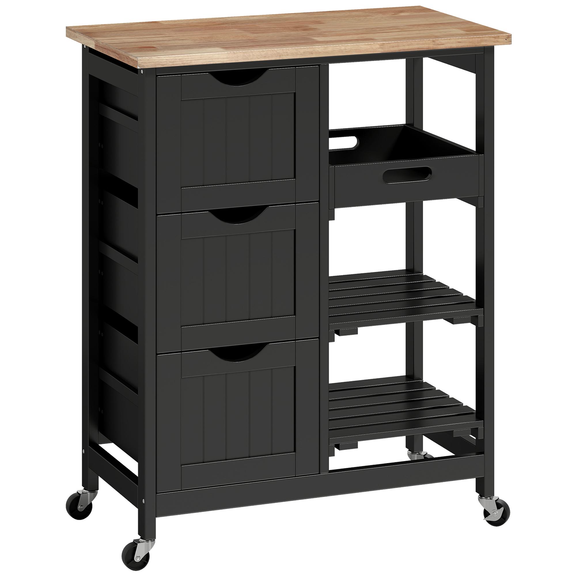 Carrinho de Cozinha com Rodas com 3 Gavetas 2 Prateleiras Abertas e Bandeja 67x37x85,5 cm Preto