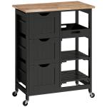Carrinho de Cozinha com Rodas com 3 Gavetas 2 Prateleiras Abertas e Bandeja 67x37x85,5 cm Preto
