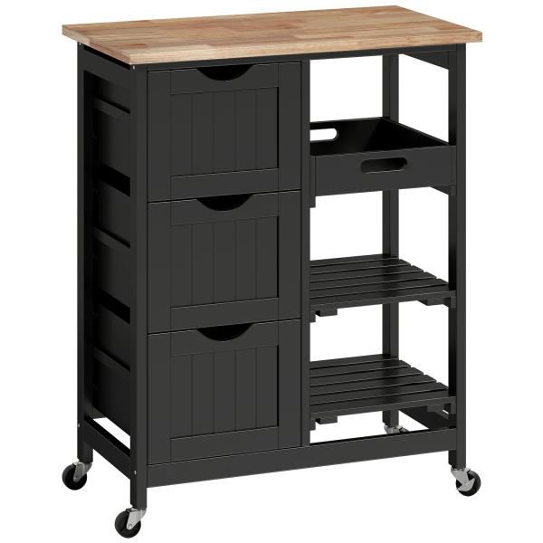 Carrinho de Cozinha com Rodas com 3 Gavetas 2 Prateleiras Abertas e Bandeja 67x37x85,5 cm Preto