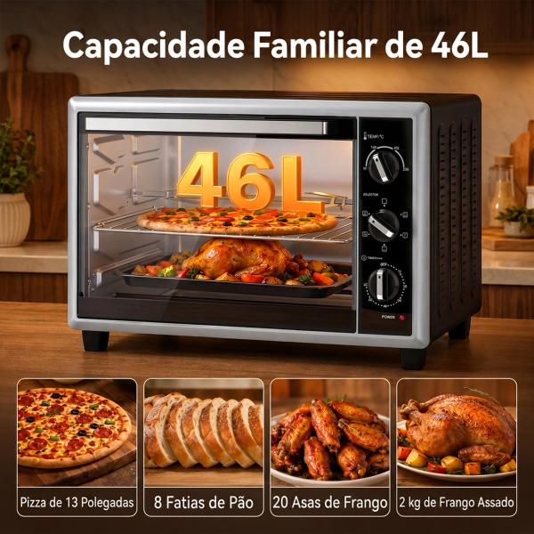 Mini Forno Elétrico de Bancada 46 L com Convecção Espeto Giratório e Temporizador 1800 W