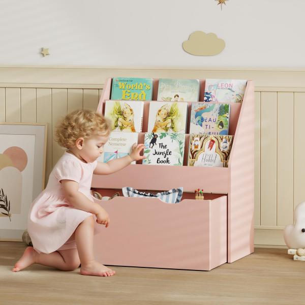 Estante para Livros Infantil de 4 Níveis com 3 Prateleiras e 1 Gaveta com Rodas 62,5x30x70 cm Rosa