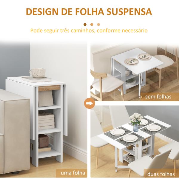 Mesa Dobrável com Asas Dobráveis Mesa de Cozinha com 2 Rodas e Prateleiras Estilo Moderno 120x60x75 cm Branco