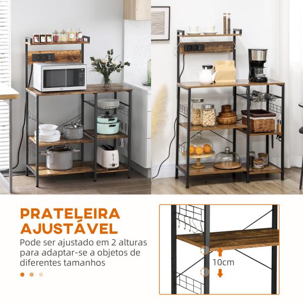 Estante de Cozinha com Ficha 2 Carregadores Prateleira Ajustável USB 5 Gancho em S e Cesta Amovível 90x42x130 cm Marrom Rústico