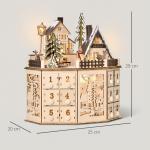 Calendário do Advento de Natal em Madeira Reutilizável com Luzes LED 24 Gavetas Cena de Aldeia 25x20x29 cm Natural