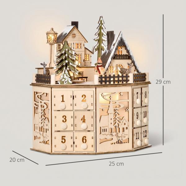 Calendário do Advento de Natal em Madeira Reutilizável com Luzes LED 24 Gavetas Cena de Aldeia 25x20x29 cm Natural