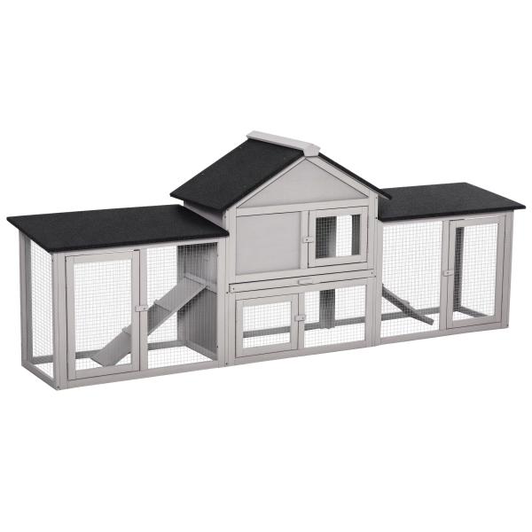 Coelheira de Exterior Grande Gaiola de Madeira para 2 - 4 Coelhos com Teto Asfáltico Recinto de Arame Bandeja Removível e Rampas 210x45,5x84,5cm Cinza e Preto