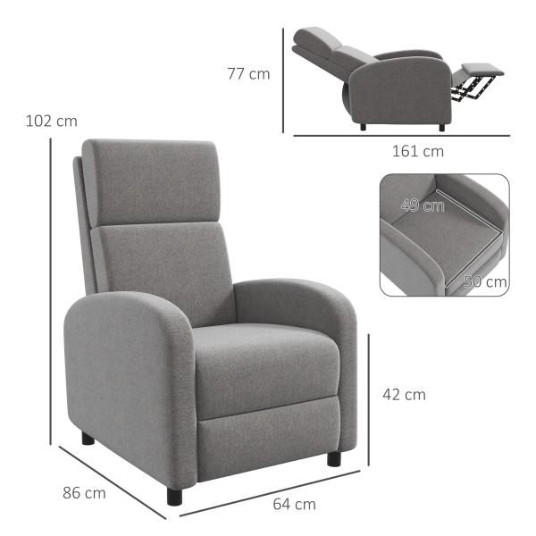 Poltrona Relax Reclinável até 160° Poltrona Reclinável Manual com Apoio para os Pés 64x86x102 cm Cinza