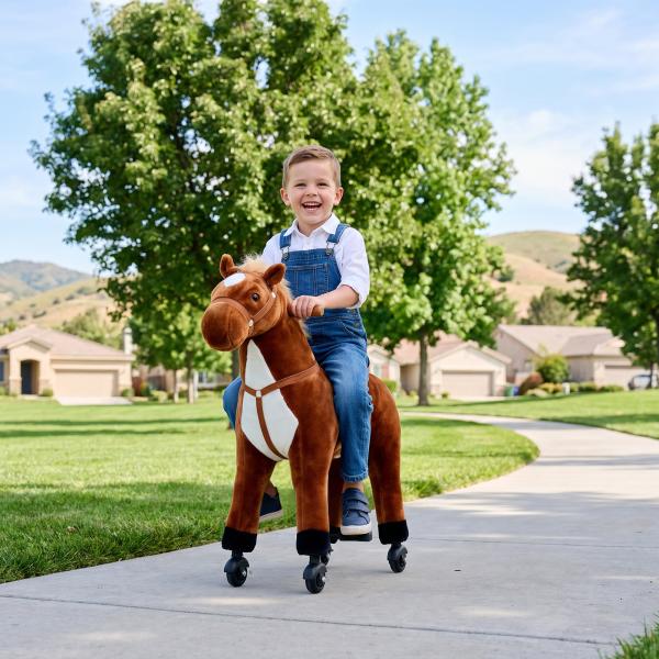 Cavalo de Brinquedo para Crianças de +3 Anos com Rodas Sons e Estrutura de Metal Carga 60kg 65x28x75 cm Castanho