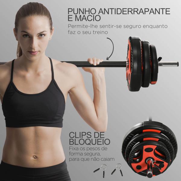 Conjunto de Barra de Pesos com Discos Conjunto de Musculação com Discos 1,25kg 2,5kg e 5kg 140x17x17cm Preto e Vermelho