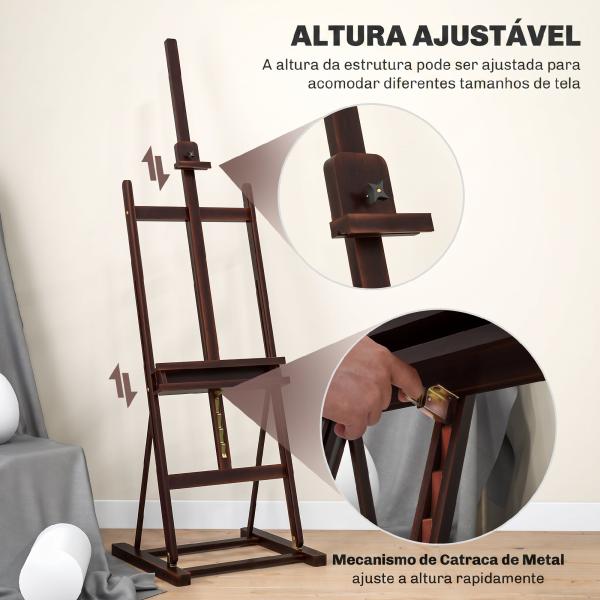 Cavalete de Pintura 230 cm com Altura e Ângulo Ajustáveis Arrumação para Adultos Artistas Pintores Castanho