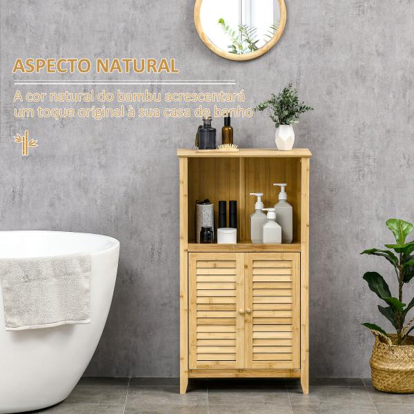 Armário Auxiliar Casa de Banho de Bambu com 2 Portas Compartimento Aberto e Prateleira Ajustável 50x25,5x92 cm Madeira