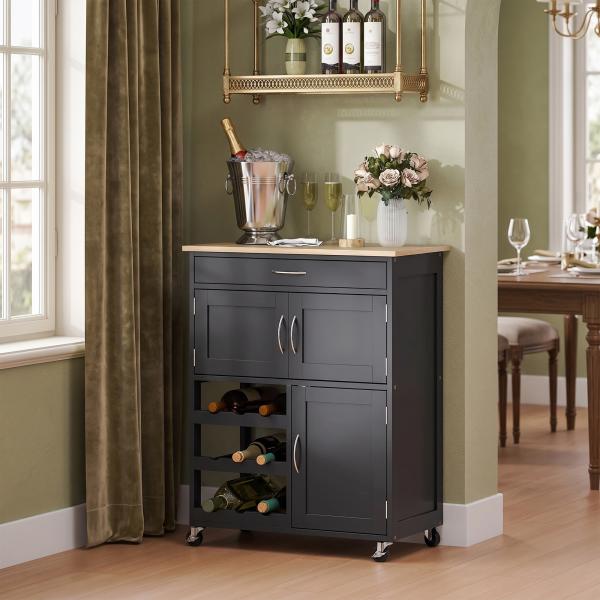 Carrinho de Cozinha com Rodas 2 Armários de Arrumação Gaveta e 3 Prateleiras Abertas para 9 Garrafas 67x37x87 cm Preto