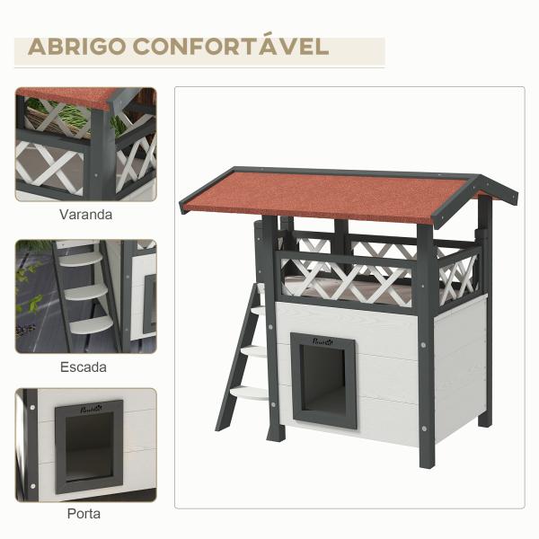 Casa para Gatos de Madeira 77x50x73cm Casa para Gatos com 2 Níveis com Teto Asfáltico Terraço Cercado Caverna e Escada Branco