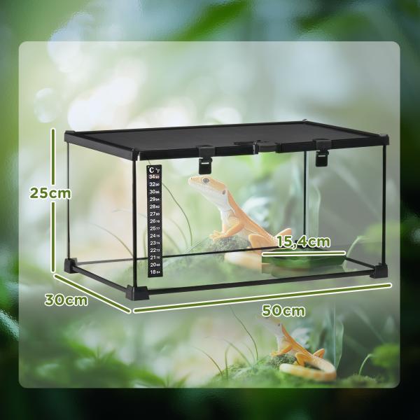 Terrário para Répteis em Vidro com Termómetro e Taça de Água para Lagartos, Cobras e Aranhas 50x30x25 cm Preto