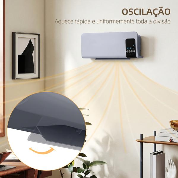 Aquecedor Elétrico de Parede 1000W/2000W com Ecrã LED Controlo Remoto Termostato Temporizador para Áreas de 15 - 20 m² 54,5x12x21,5 cm Cinzento