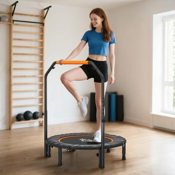 Trampolim Fitness Ø102 Trampolim Dobrável com Pega Ajustável em 4 Níveis Estrutura de Aço Preto e Laranja