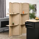 Biombo de 4 Painéis 160x170 cm Separador de Ambientes Dobrável com 2 Prateleiras de Exibição para Escritório Quarto Natural