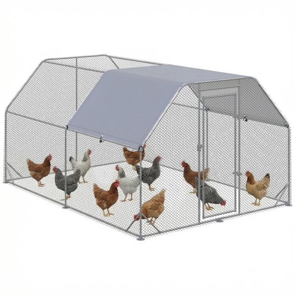 Galinheiro para Exterior Grande de Aço Galvanizado 280x380x195 cm Gaiola para Galinhas com Cobertura de Tecido Oxford Prata