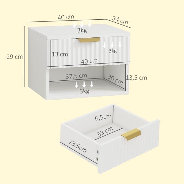 Conjunto de 2 Mesas de Cabeceira Flutuantes Estreitas com Gaveta com Frente Canelada e Prateleira Aberta 40x34x29 cm Branco