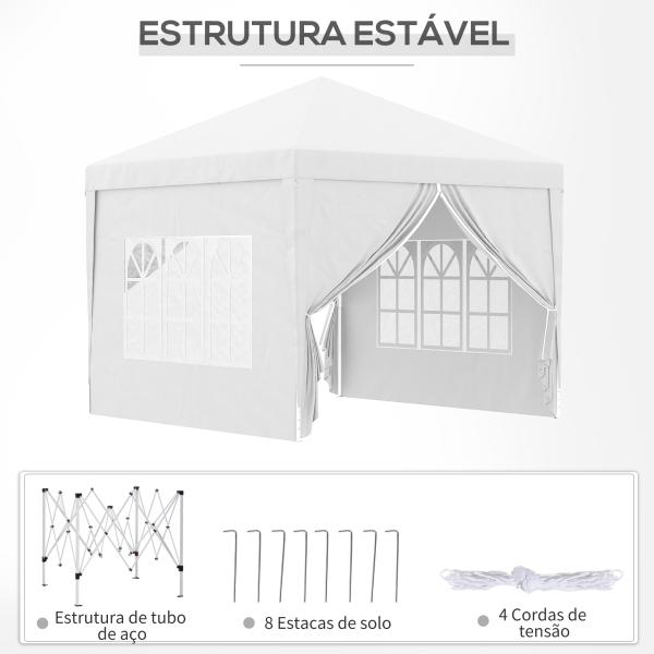 Tenda de Jardim com Paredes Laterais Amovíveis Janelas Porta com Zíper e Bolsa de Transporte 295x295x196 - 258 cm Branco