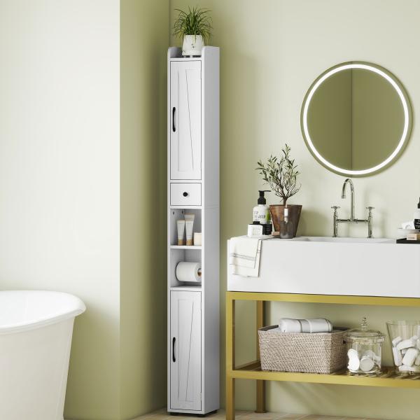 Coluna Casa de Banho com Compartimento Aberto Prateleiras Ajustáveis e Suporte para Papel Higiênico 20x20x185 cm Branco