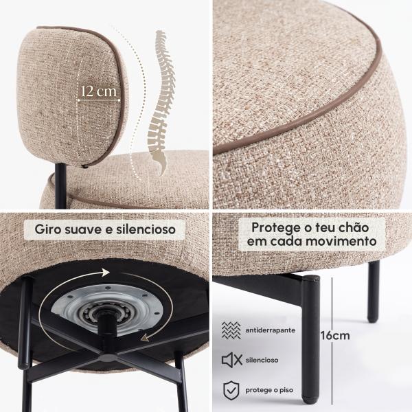 Poltrona de Sala com Assento Rotativo Revestida em Tecido Linho Assento Amplo Acolchoado Espesso Pés de Metal Bege