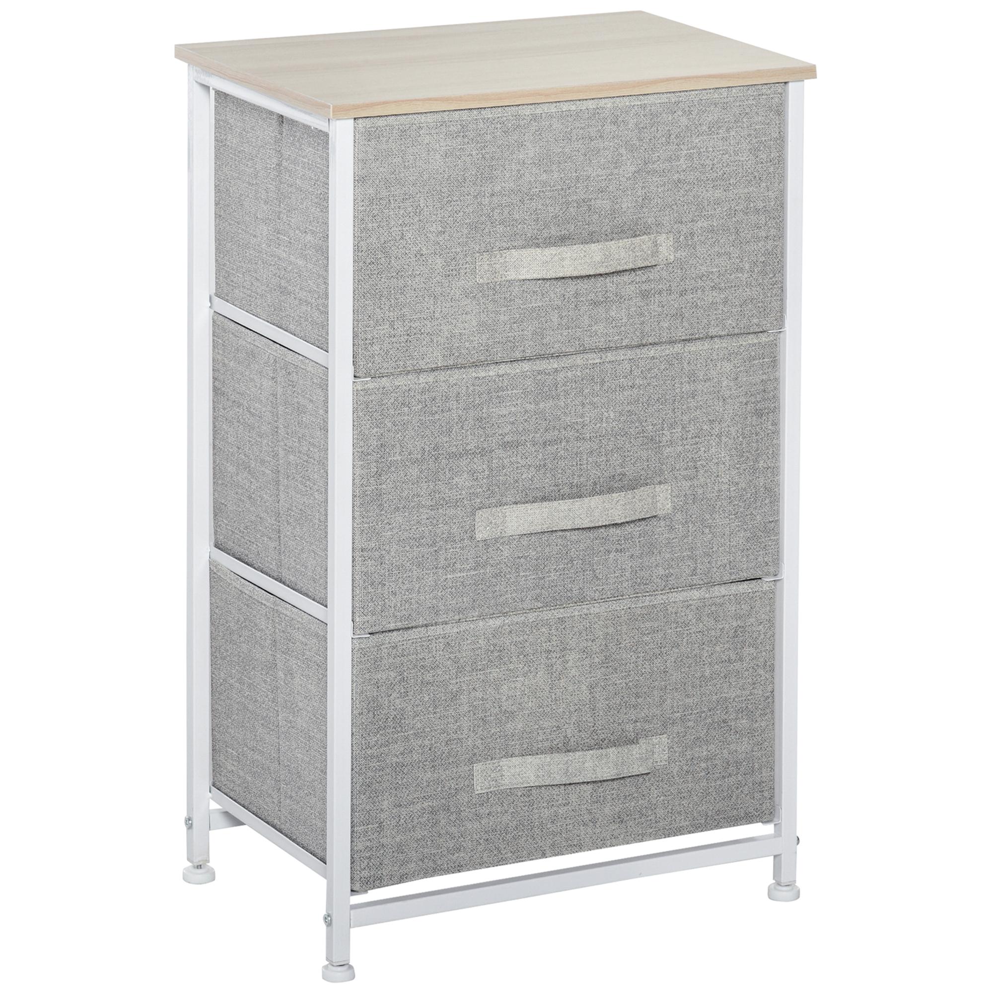 Mesa de Cabeceira com 3 Gavetas de Tecido para Dormitório Sala de Estar Corredor 45x30x71 cm Cinza e Branco