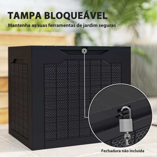 Baú de Armazenamento Exterior 93L Caixa de Armazenamento de Jardim de Plástico Impermeável com 2 Alças 56x41x50 cm Preto