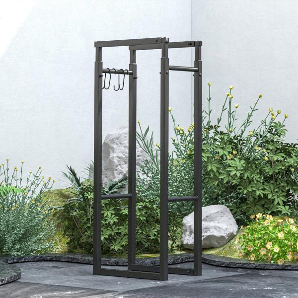 Suporte para Lenha Extensível com 4 Ganchos Carga Máxima 100 kg para Interior e Exterior 40 - 65x25x100 - 150 cm Preto