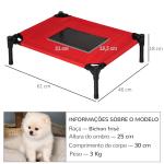 Cama para Animais de Estimação Cama Elevada para Cães Gatos Portátil Tecido Transpirável para Exterior Interior 64x46x18cm Vermelho