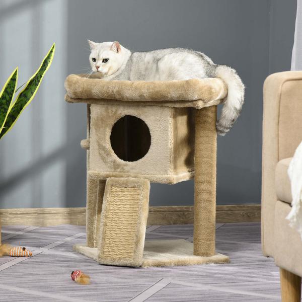 Árvore Arranhador para Gatos Pequenos Arranhador para Gatos com Poste de Juta Rampa Caverna e Bola Suspensa 40x40x57 cm Areia