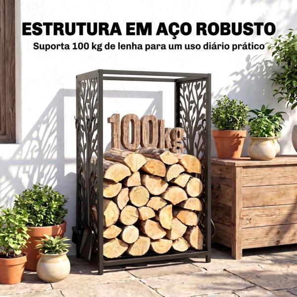 Suporte para Lenhas Suporte de Armazenamento para Lenhas 46x30x70 cm com 4 Ferramentas para Interior e Exterior Preto