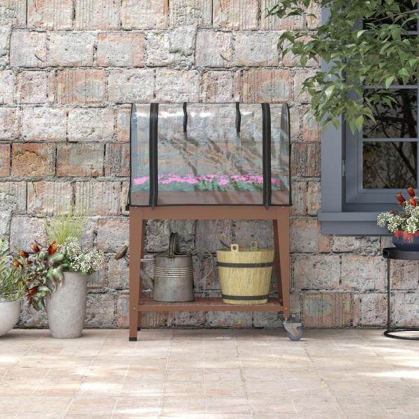 Mesa de Cultivo com Rodas 80x40x120 cm Horta Urbana Elevada com Cobertura de Estufa para Cultivar Plantas Flores Marróm
