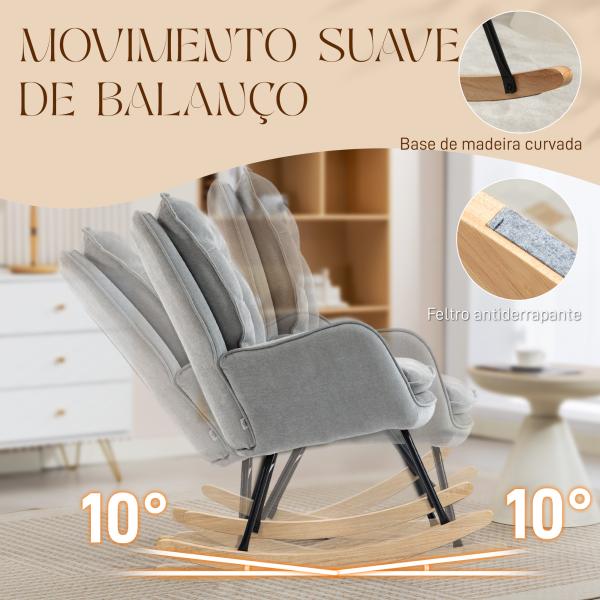 Poltrona Baloiço Estofada em Chenilla com Pés de Madeira de Faia e Apoio para os Braços para Lactância 71x98,5x97 cm Cinzento claro
