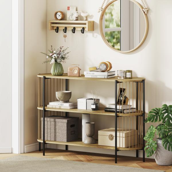 Mesa Consola com Corda de Papel Trançada à Mão Consola de Entrada de 3 Níveis com Estrutura de Aço Estilo Boémio 124x43,5x80 cm Madeira