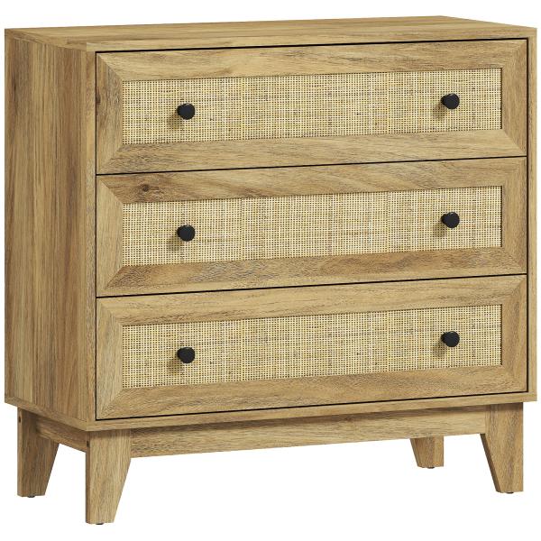 Cómoda com 3 Gavetas Cómoda de Madeira com Gavetas de Vime e Pés Elevados 80x35x76 cm Madeira