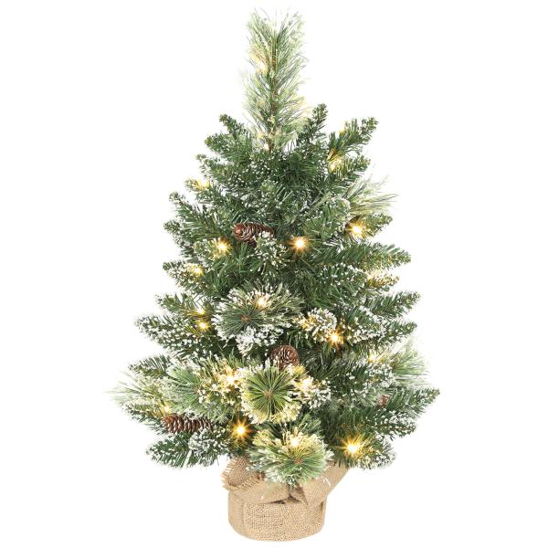 Mini Árvore de Natal Artificial com 35 Luzes LED 60 cm 64 Ramos com Neve Pinha Bagas e Base de Saco de Juta Ø41x60 cm Verde