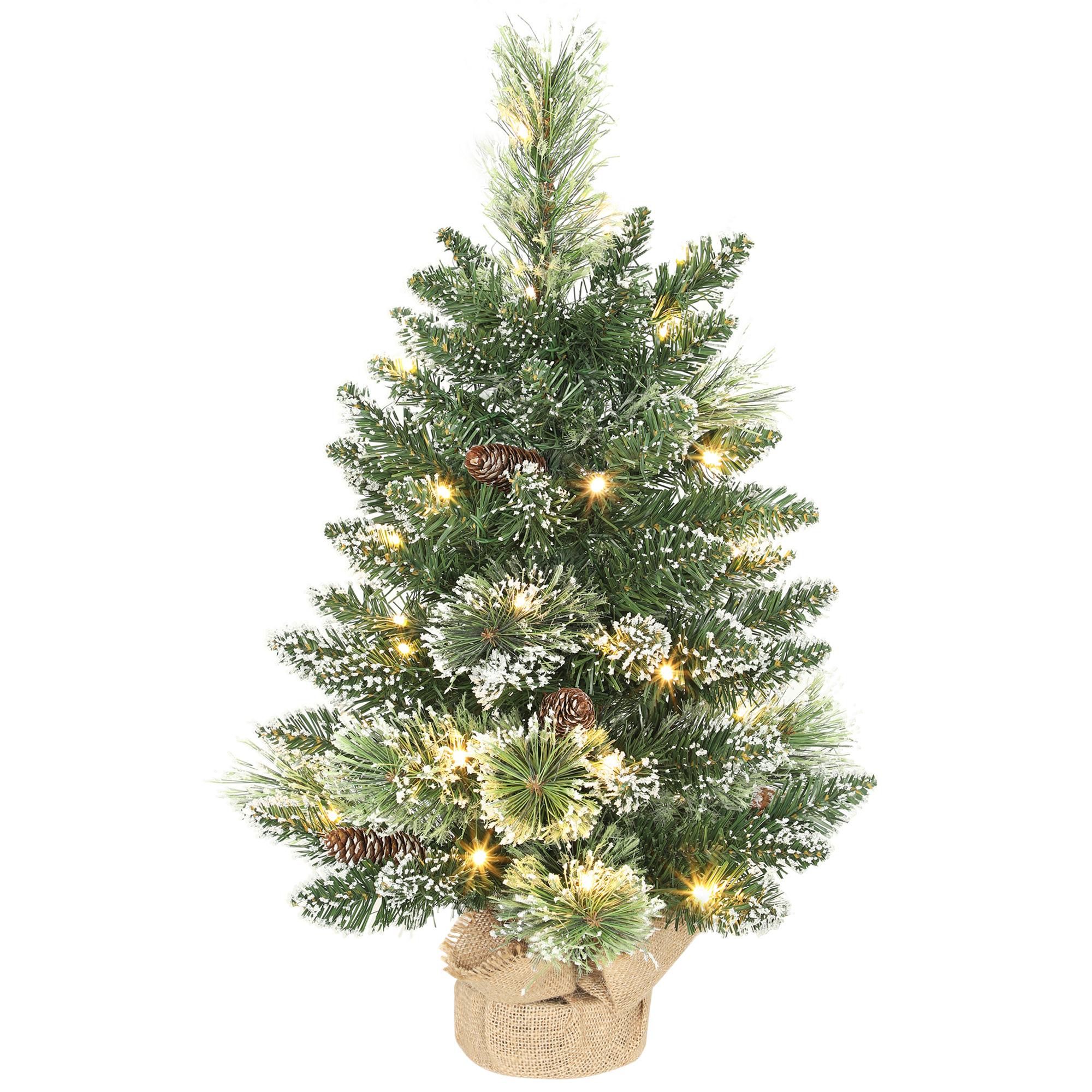 Mini Árvore de Natal Artificial com 35 Luzes LED 60 cm 64 Ramos com Neve Pinha Bagas e Base de Saco de Juta Ø41x60 cm Verde
